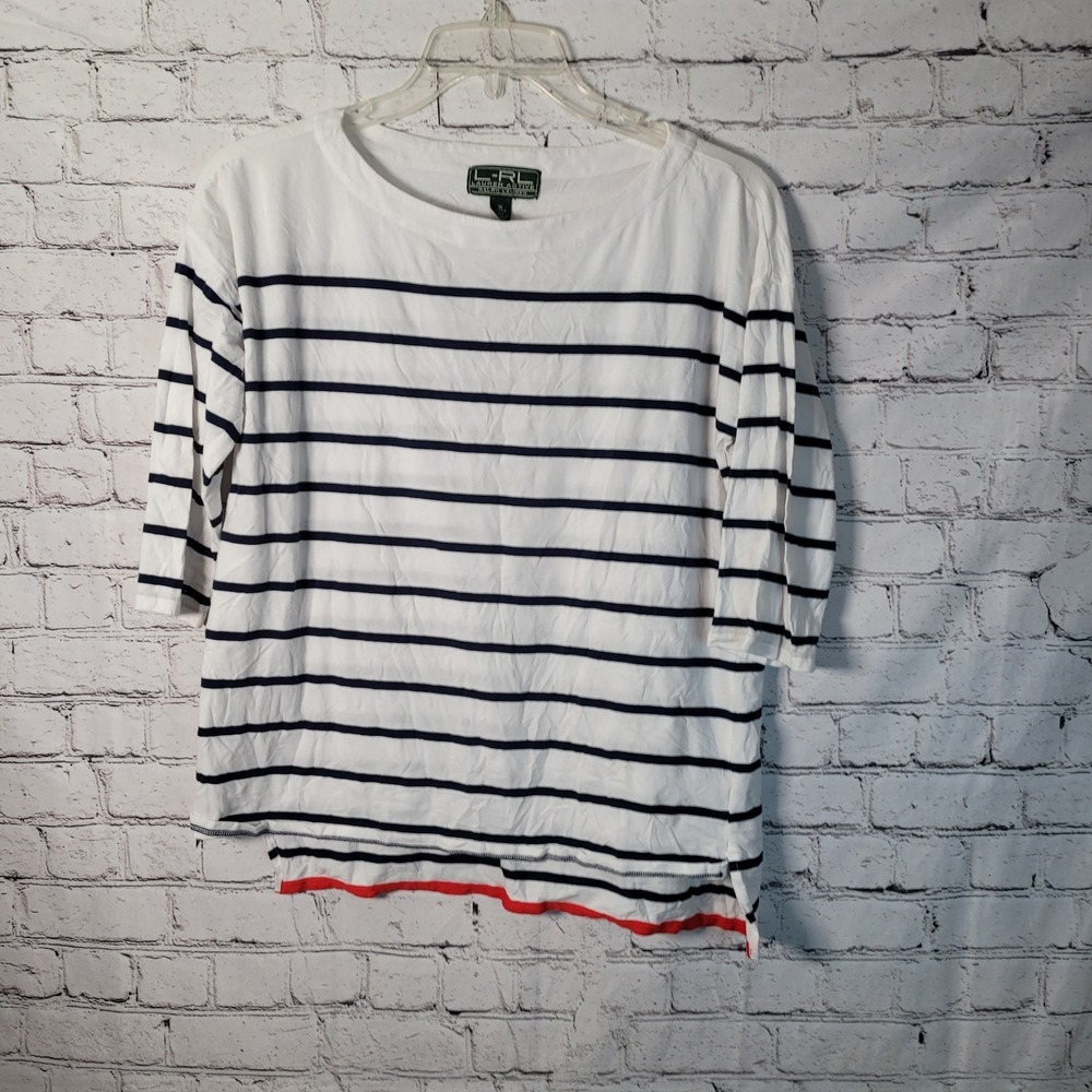 L-RL Active Ralph Lauren Striped Top White Navy 3/4 Sleeve 1X Plus Cotton Boat
